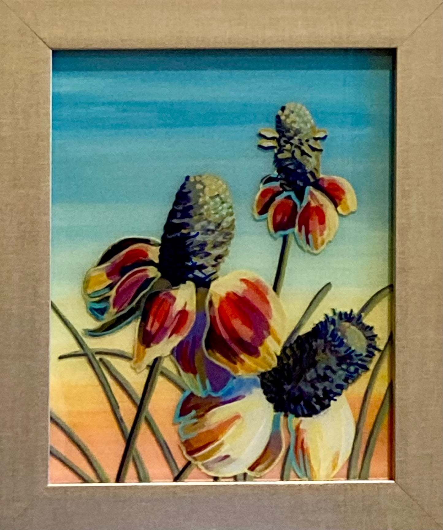 "Coneflower Sunset" by Bethany Richards. Reverse glass painting, double paned. 10"x8".
