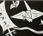 "Cranes" by Kristen George. 9"x14". Linoleum-cut hand print.
