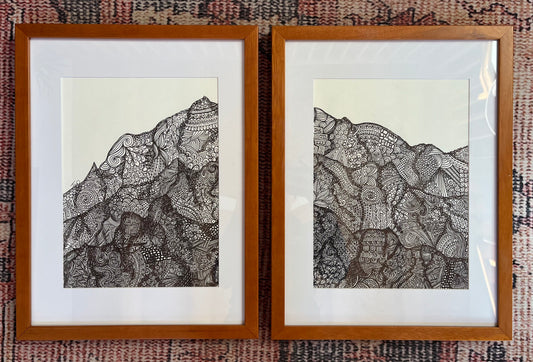 "Mountain Views" by Tiara Rose. Ink on paper. 2/each 9"x12" (12"x15").