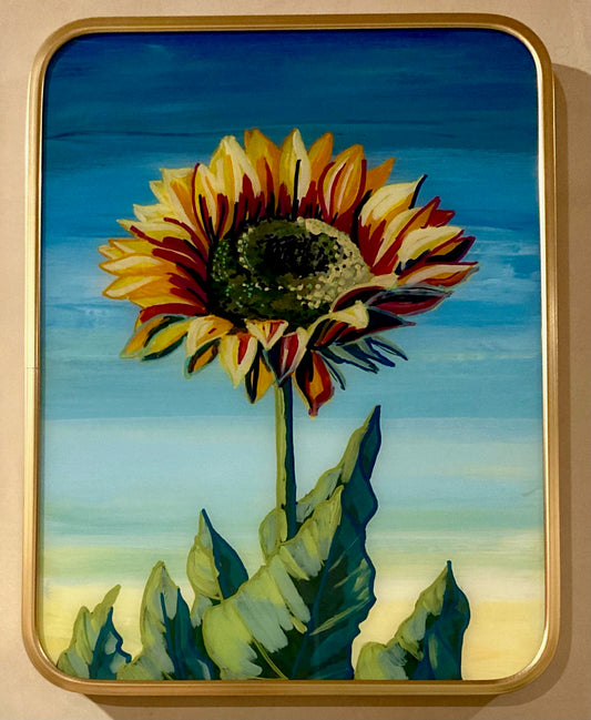 "Sunflower Afternoon" by Bethany Richards. Reverse glass painting, single pane. 13"x10"