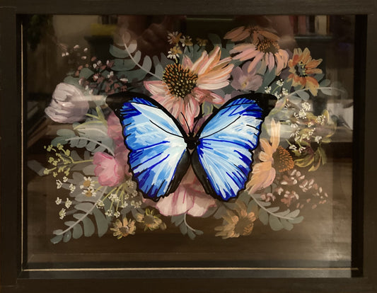"Blue Morphos" by Bethany Richards. Reverse glass acrylic, double pane. 13"x9".
