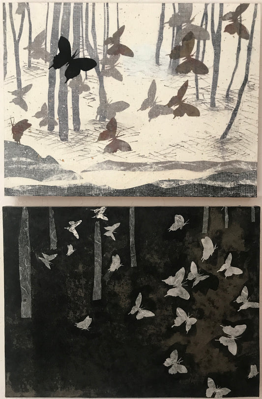 "Migration" by Kristen George Kavanagh. Mixed-media collage. Diptych - 24" x 36".