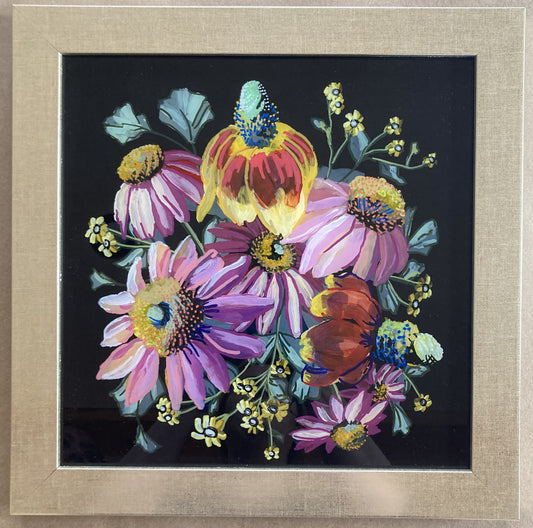 "Golden Coneflower Bouquet 1" by Bethany Richards. Reverse glass acrylic, double pane. 12"x12".