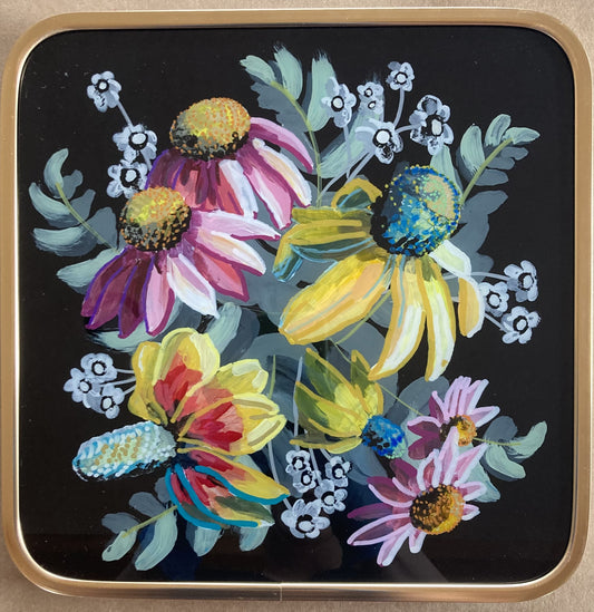 "Golden Coneflower Bouquet 2" by Bethany Richards. Reverse glass acrylic, double pane. 10"x10".