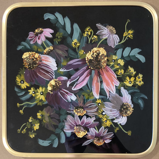 "Golden Coneflower Bouquet 3" by Bethany Richards. Reverse glass acrylic, double pane. 10"x10".