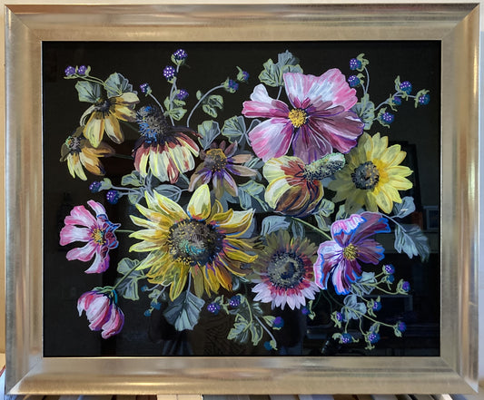 "Grande Wildflower Bouquet" by Bethany Richards. Reverse glass acrylic, double pane. 16"x20".