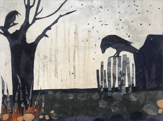 "Crow" by Kristen George Kavanagh. Mixed-media collage. 24" x 18".