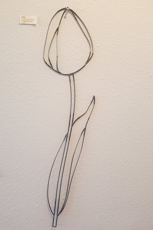 "Tulip" by Jessica Laurel Reese. Welded steel rod sculpture. 6.5"x25".